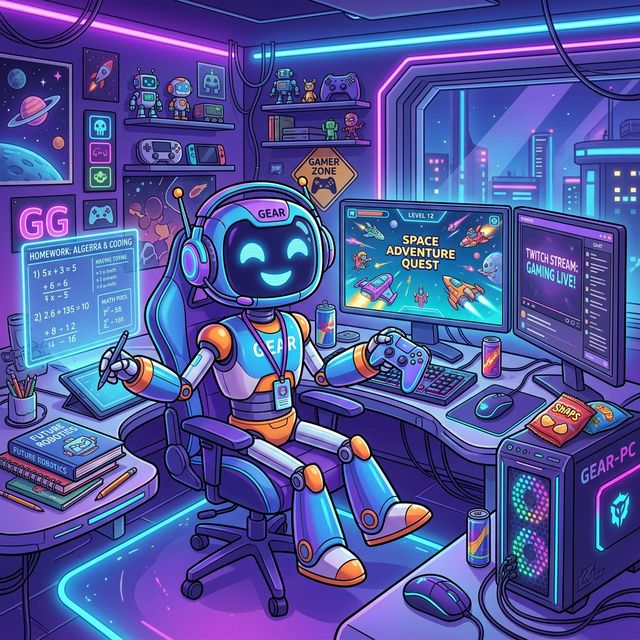 Ein Roboter macht Hausaufgaben und spielt am PC