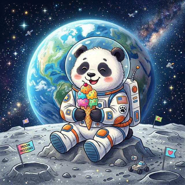 Astronauten-Panda isst Eis auf dem Mond
